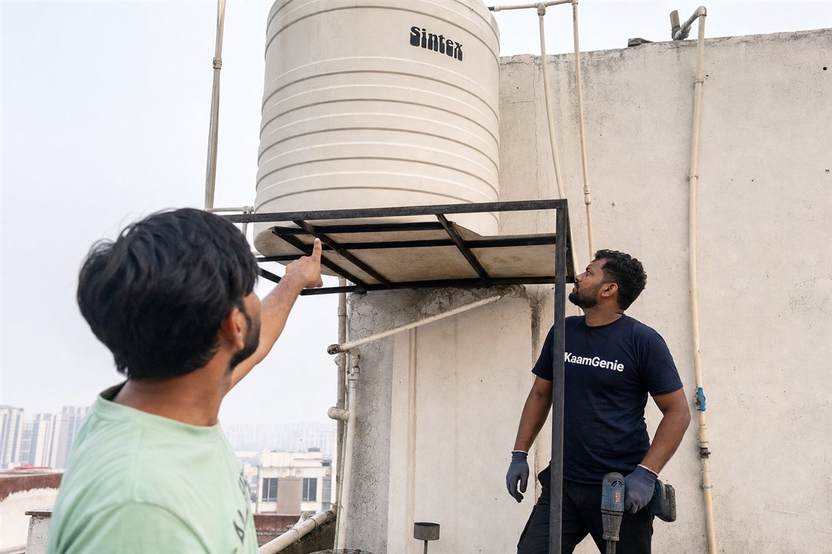 KaamGenie technician opening the single terrace overhead tank of an independent builder floor in a Noida sector while the tenant looks on