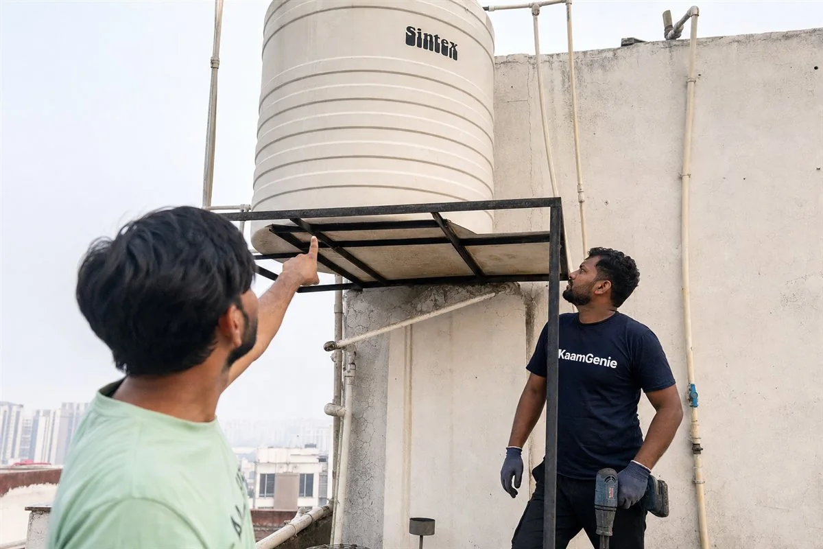 KaamGenie technician opening the single terrace overhead tank of an independent builder floor in a Noida sector while the tenant looks on