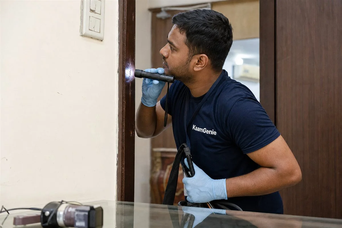 KaamGenie termite technician inspecting a mud tube along the wall-floor joint of a Delhi home with a torch