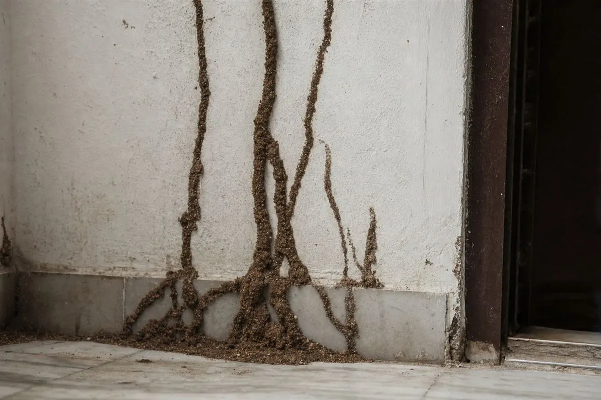 A KaamGenie technician inspecting a mud tube and tapping a wooden door frame for hollow sound in a Delhi home