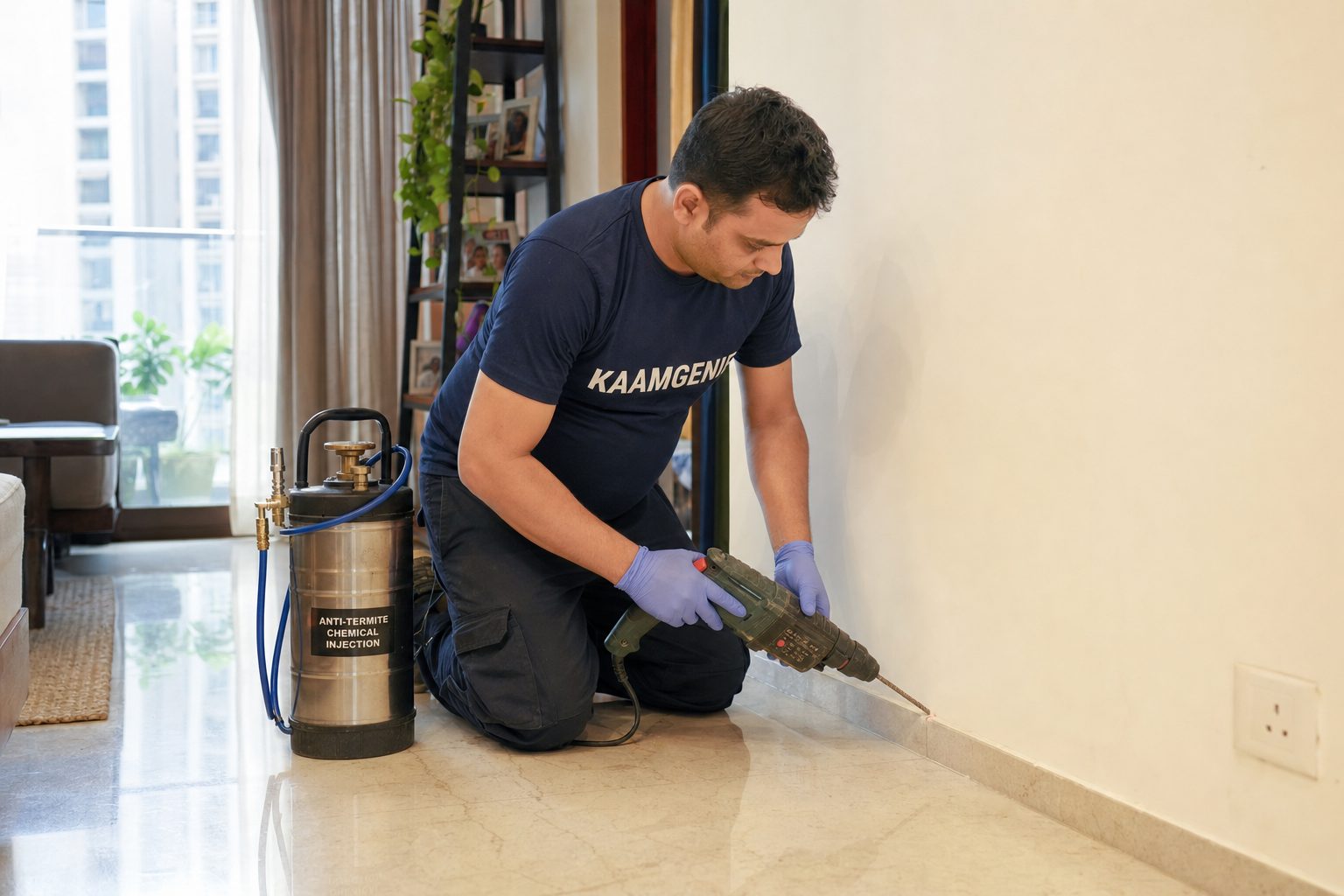 KaamGenie technician drilling and injecting anti-termite chemical along the wall-floor joint of an occupied Delhi home
