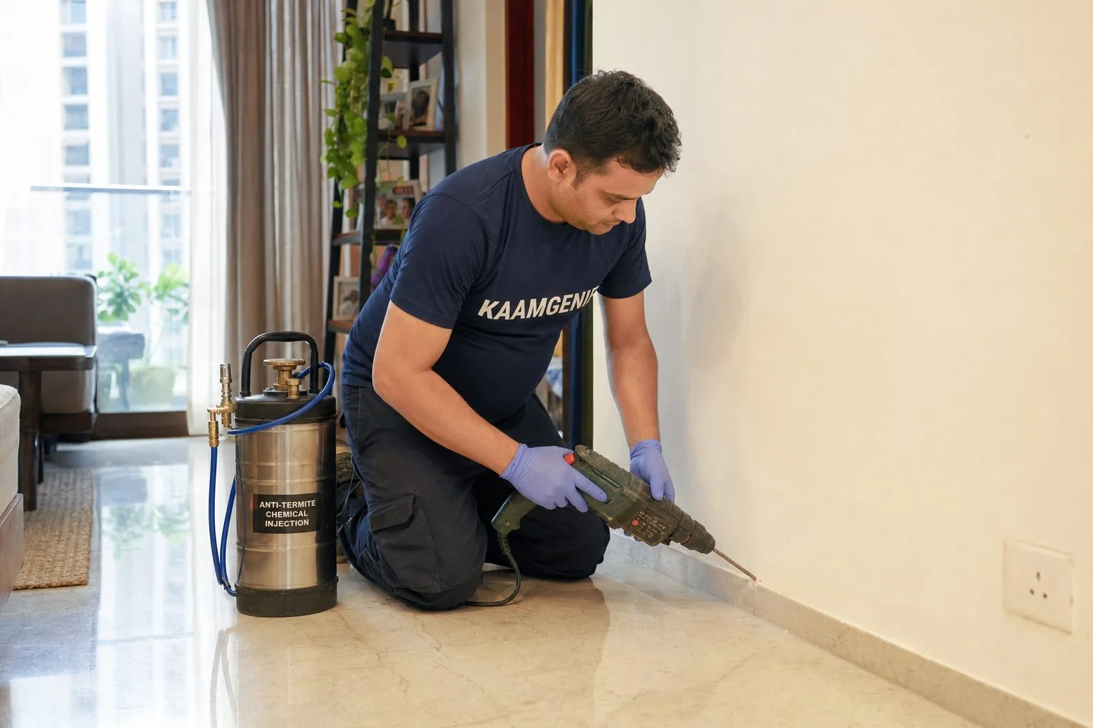 KaamGenie technician drilling and injecting anti-termite chemical along the wall-floor joint of an occupied Delhi home