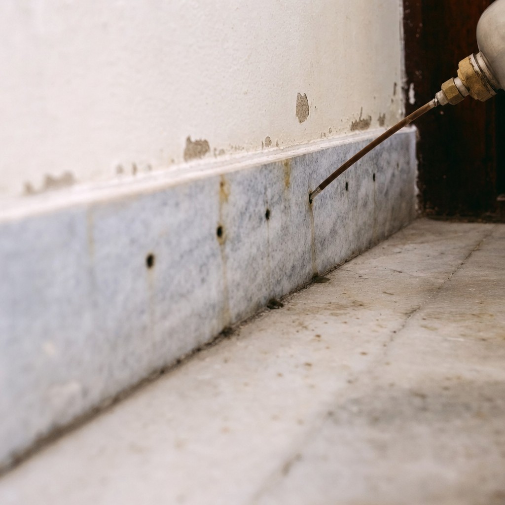 Close-up of small drill holes along a Delhi home wall-floor junction being injected with anti-termite chemical