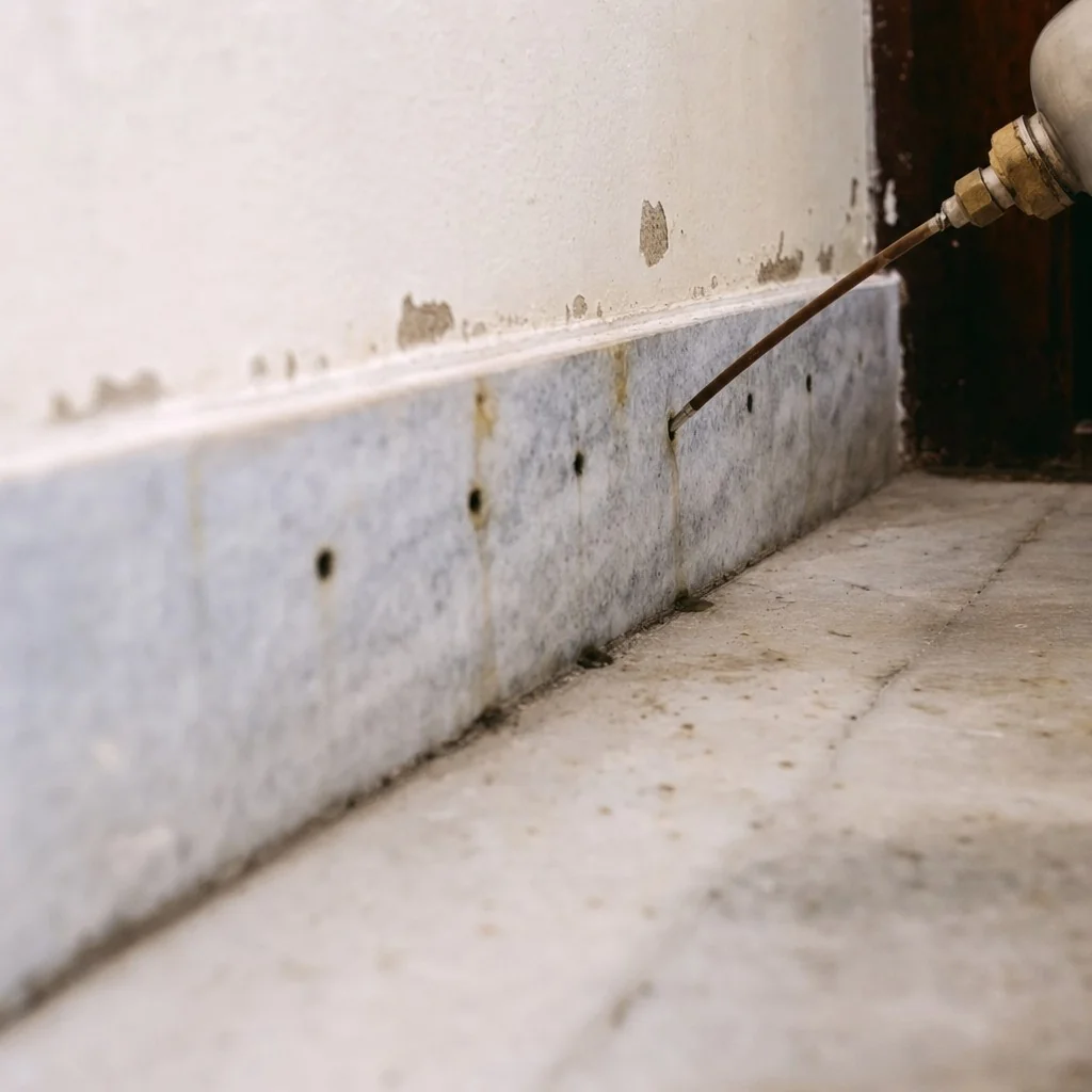 Close-up of small drill holes along a Delhi home wall-floor junction being injected with anti-termite chemical