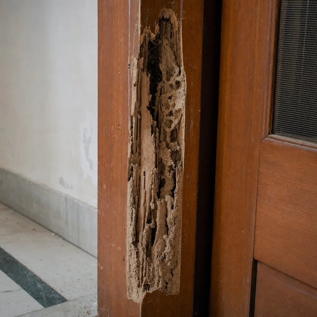 A hollowed-out wooden door frame in a Delhi home showing termite damage from the inside