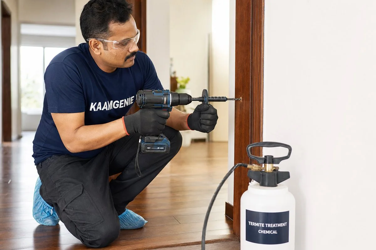KaamGenie technician drilling and injecting anti-termite chemical into the wooden frame of furniture in a Delhi home