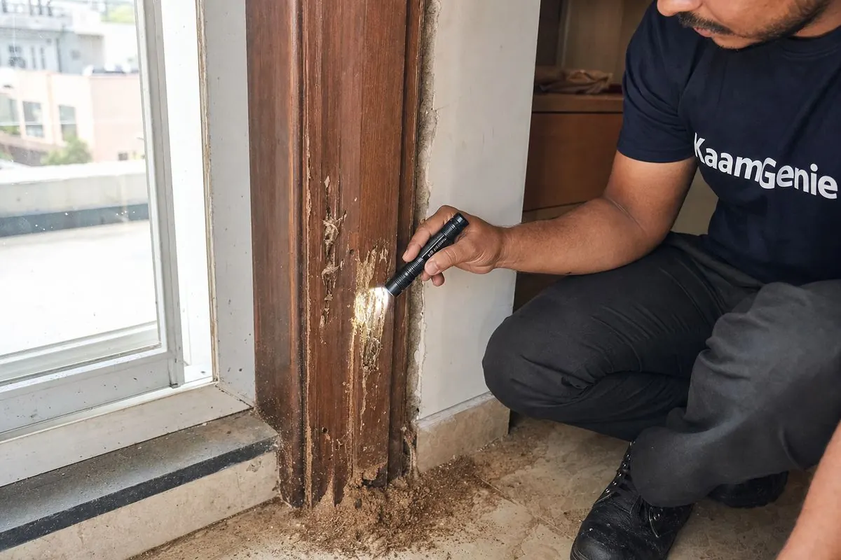 Close-up of termite damage on a Delhi door frame — small holes, powdery wood residue