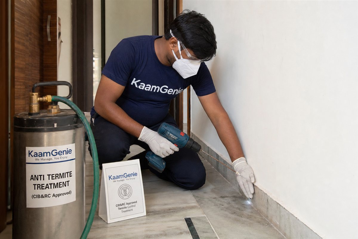 KaamGenie termite treatment crew arriving at a Delhi home, same-day near-you service