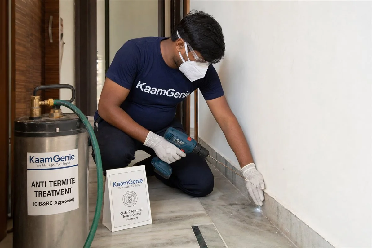 KaamGenie termite treatment crew arriving at a Delhi home, same-day near-you service