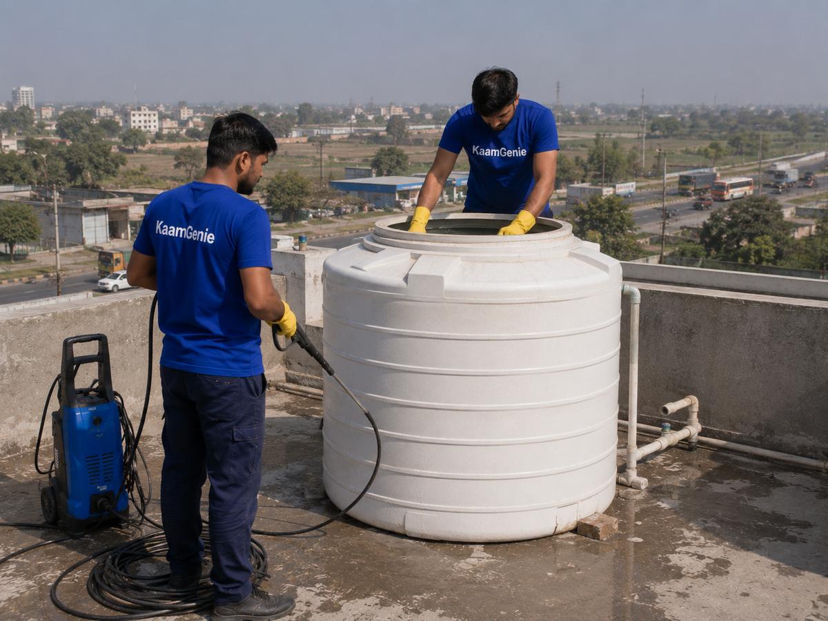 KaamGenie crew cleaning a water tank in Tikri Kalan, West Delhi