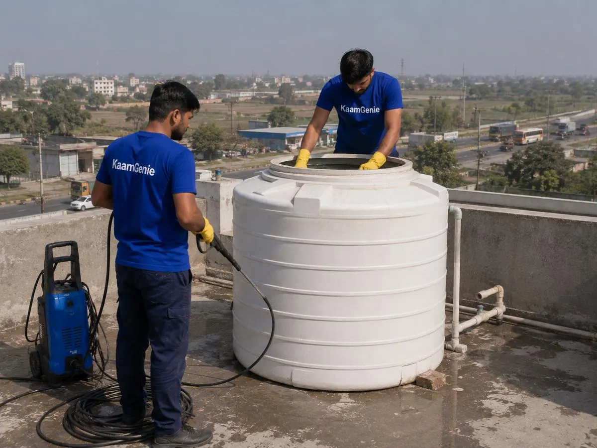 KaamGenie crew cleaning a water tank in Tikri Kalan, West Delhi