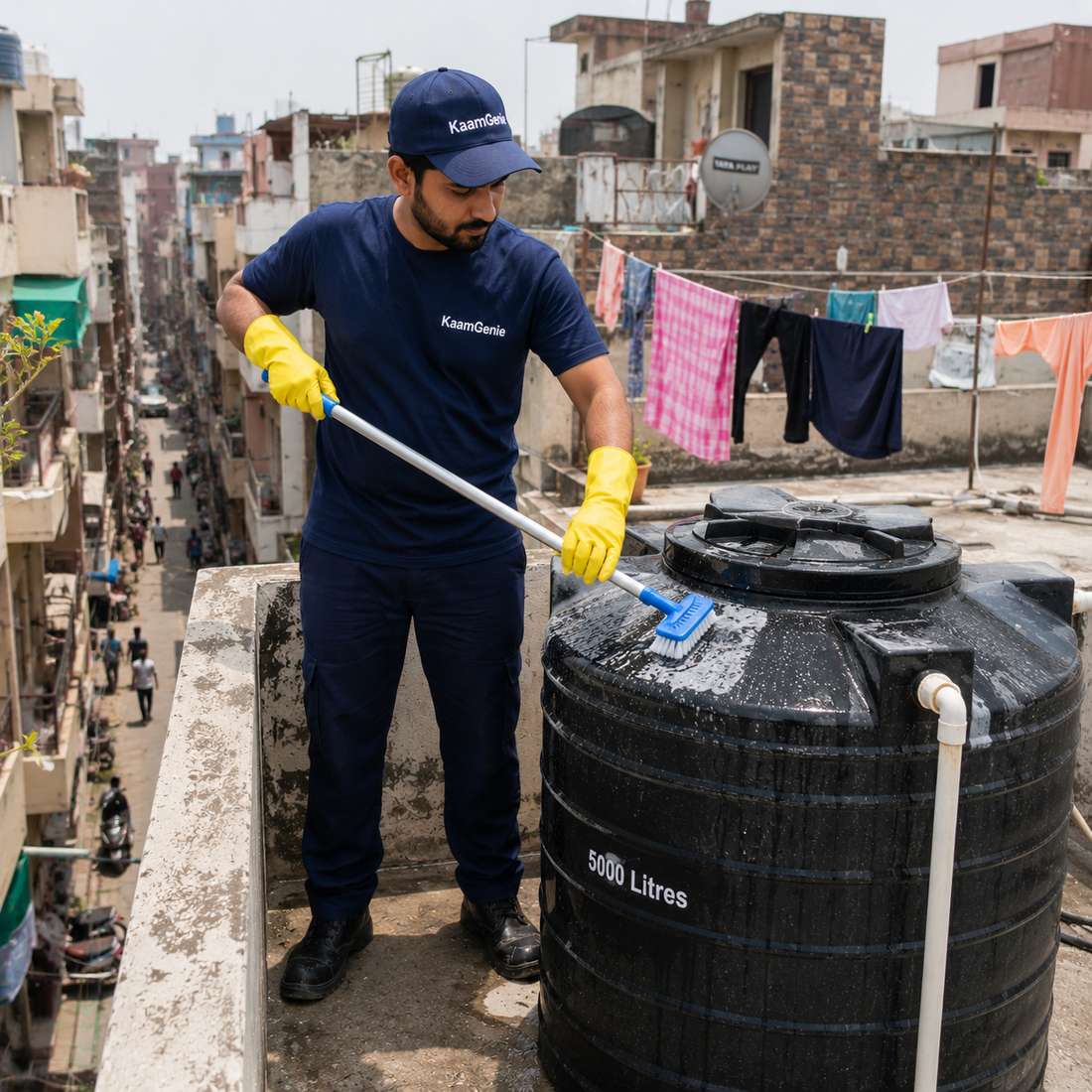 KaamGenie crew cleaning a water tank in Tilak Nagar, West Delhi