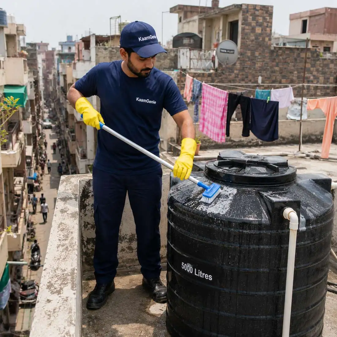 KaamGenie crew cleaning a water tank in Tilak Nagar, West Delhi