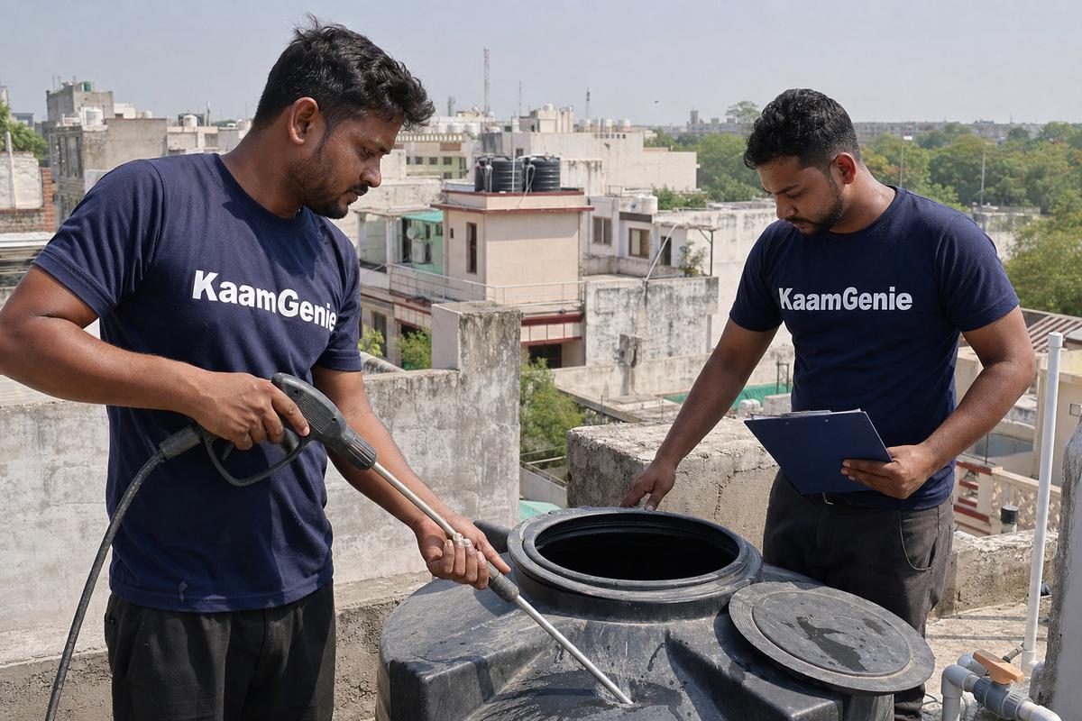 KaamGenie crew cleaning a water tank in Timarpur, North Delhi