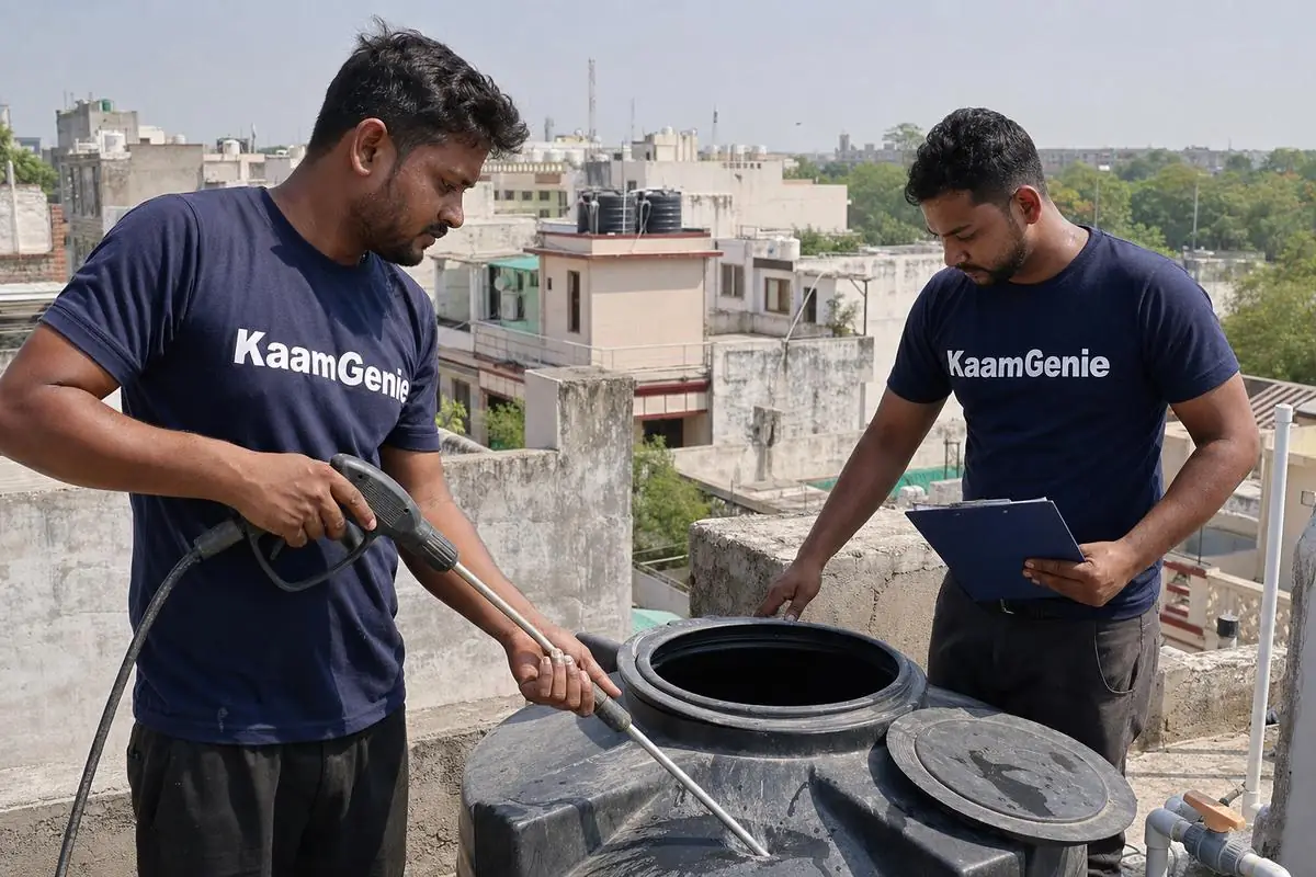 KaamGenie crew cleaning a water tank in Timarpur, North Delhi