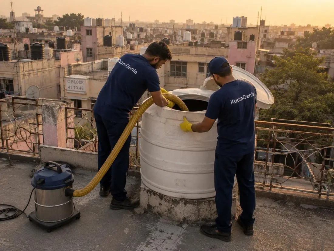 KaamGenie crew cleaning a water tank in Trilok Puri, East Delhi