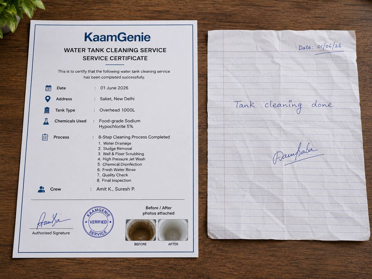 Two water tank cleaning service certificates laid side by side on a table — on the left a proper KaamGenie certificate with detailed fields, chemical names, crew signatures, and photo references; on the right a generic blank-looking handwritten slip with just a date and a scribble
