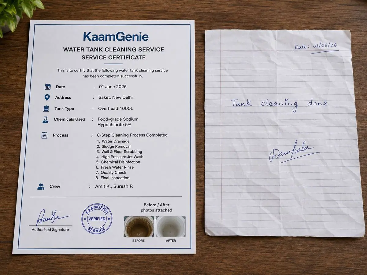 Two water tank cleaning records laid side by side on a table — on the left a proper KaamGenie record with detailed fields, chemical names, crew signatures, and photo references; on the right a generic blank-looking handwritten slip with just a date and a scribble
