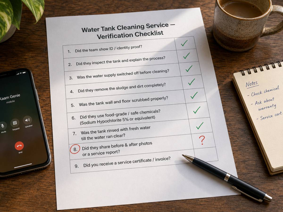 A printed water tank cleaning service verification checklist on a clipboard with several questions ticked in green and one circled in red, sitting on a wooden desk next to a phone and a pen