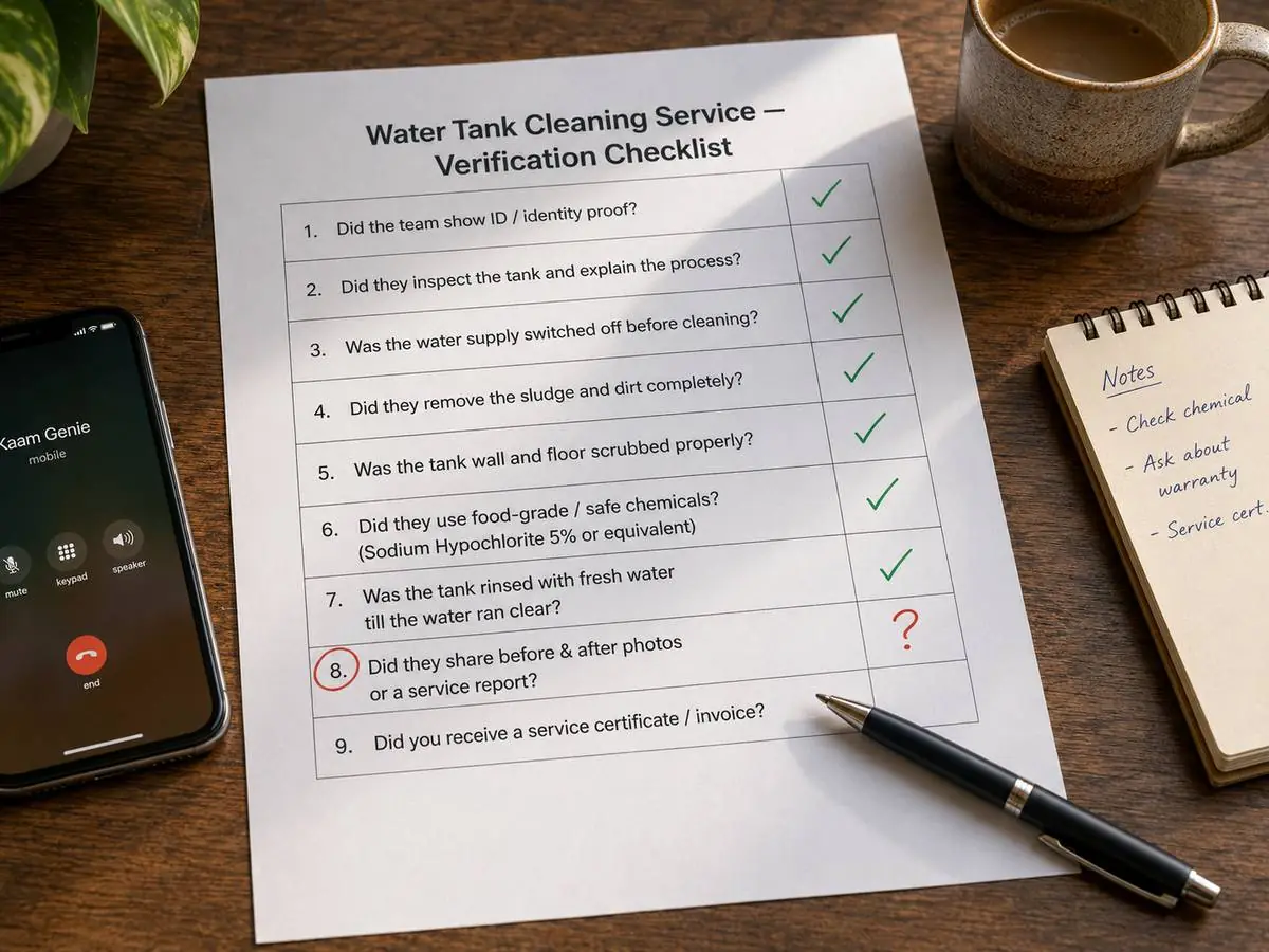 A printed water tank cleaning service verification checklist on a clipboard with several questions ticked in green and one circled in red, sitting on a wooden desk next to a phone and a pen