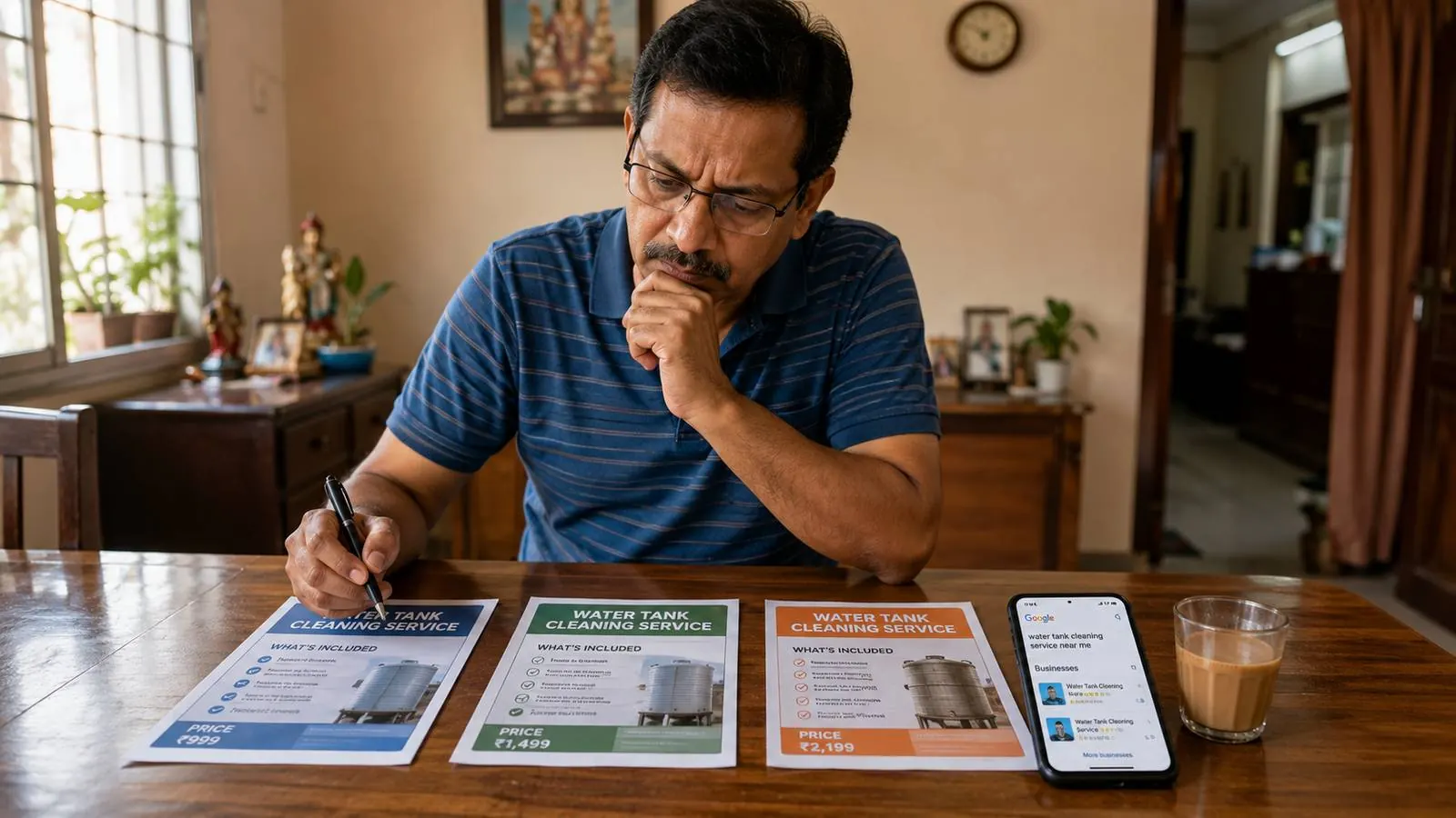 A Delhi homeowner comparing water tank cleaning service quotes on a clipboard with three different service brochures laid out