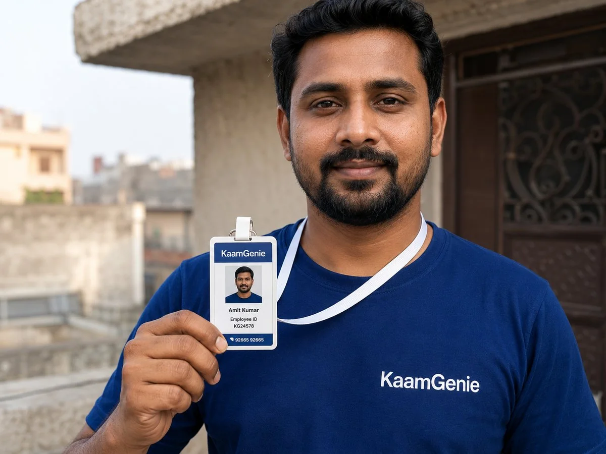 Close-up of a KaamGenie crew member in royal blue uniform showing photo ID card with company name, employee photo, employee ID number, and a small KaamGenie logo, held up next to the crew member's chest