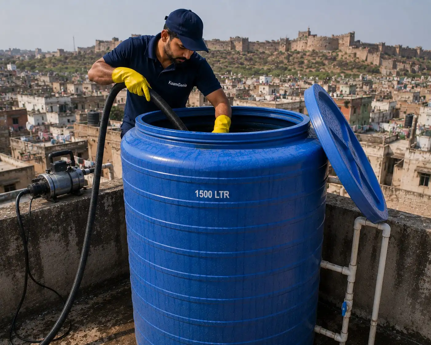 KaamGenie crew cleaning a plastic overhead water tank on a Tughlakabad Extension DDA building rooftop in South Delhi
