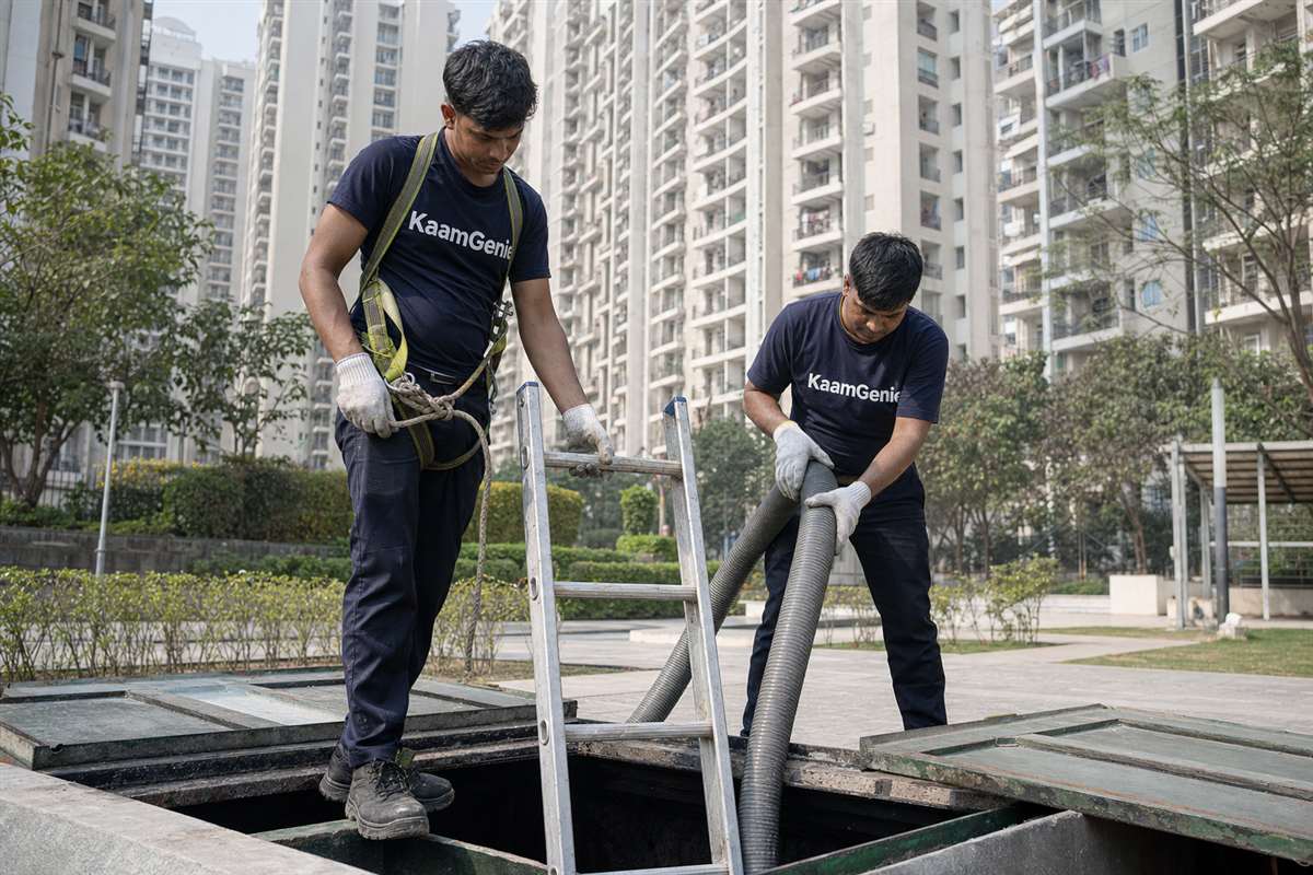 KaamGenie crew cleaning a large underground RCC water reservoir (UGR) in a Gurgaon condominium basement, with submersible pump and lighting in the chamber