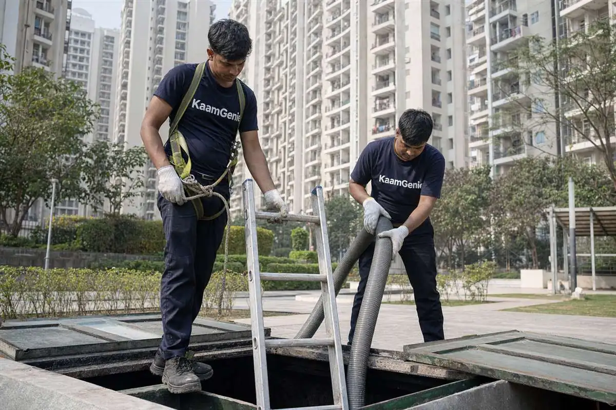 KaamGenie crew cleaning a large underground RCC water reservoir (UGR) in a Gurgaon condominium basement, with submersible pump and lighting in the chamber