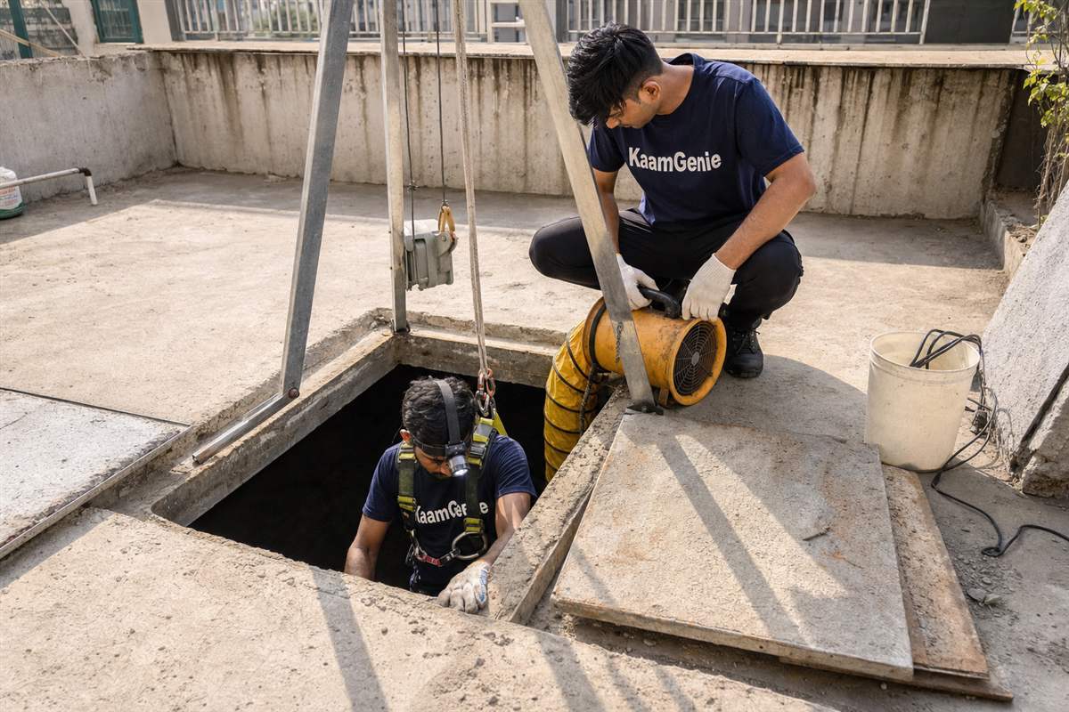 Diagram-style photo of a Gurgaon condominium water system - underground sump in the basement feeding a pump that lifts water to rooftop tower tanks