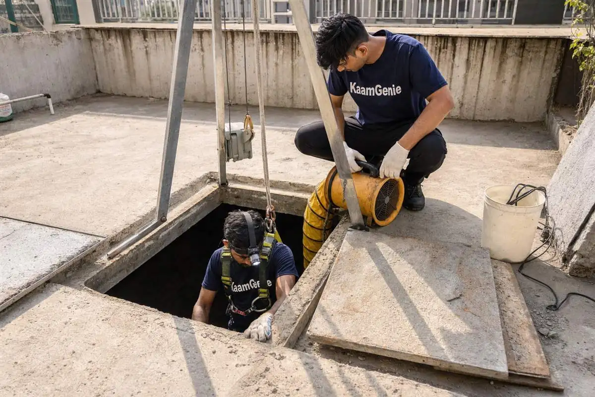 Diagram-style photo of a Gurgaon condominium water system - underground sump in the basement feeding a pump that lifts water to rooftop tower tanks