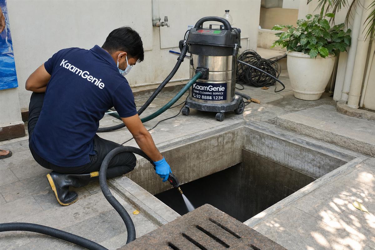 KaamGenie underground sump cleaning crew arriving at a Delhi home, same-day near-you service
