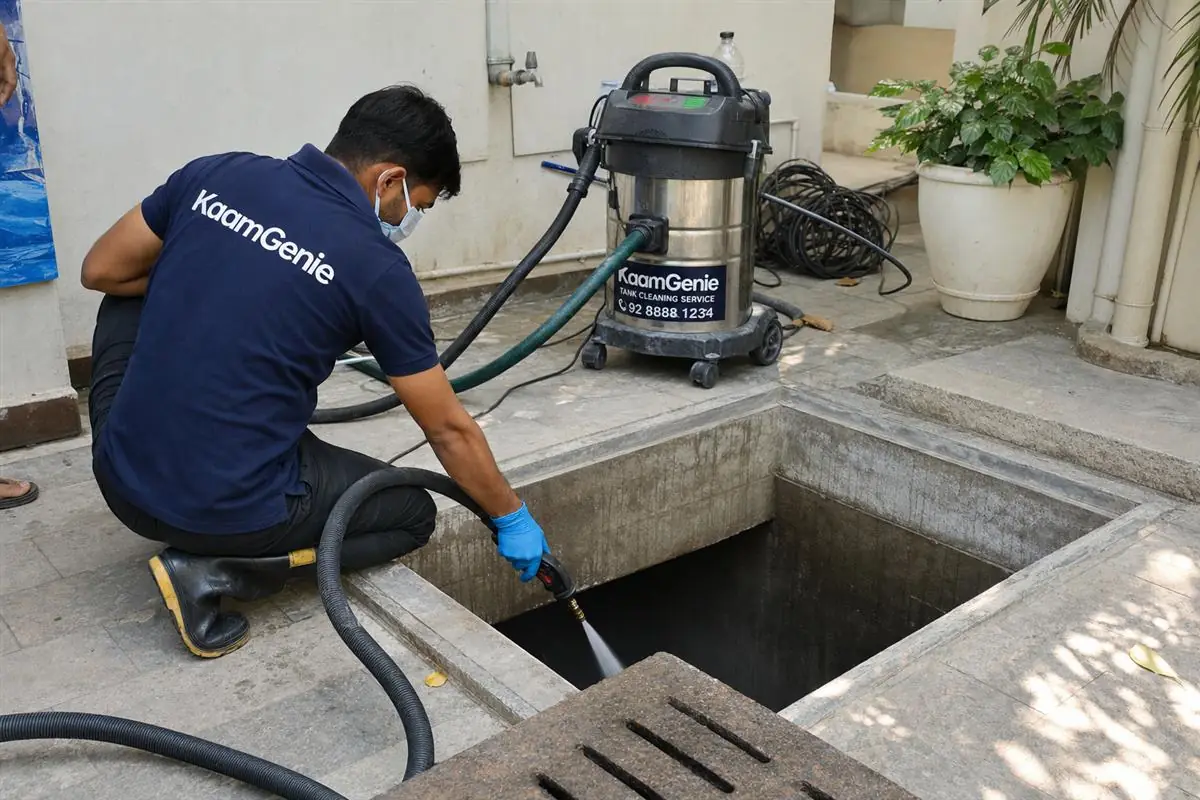KaamGenie underground sump cleaning crew arriving at a Delhi home, same-day near-you service