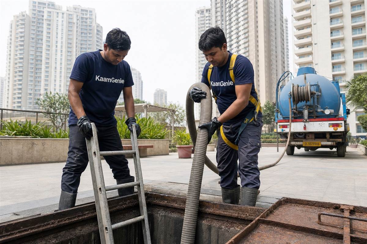 KaamGenie crew cleaning an underground water sump reservoir in a Noida high-rise with confined-space safety gear and a tower behind