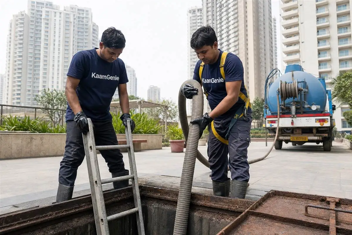 KaamGenie crew cleaning an underground water sump reservoir in a Noida high-rise with confined-space safety gear and a tower behind