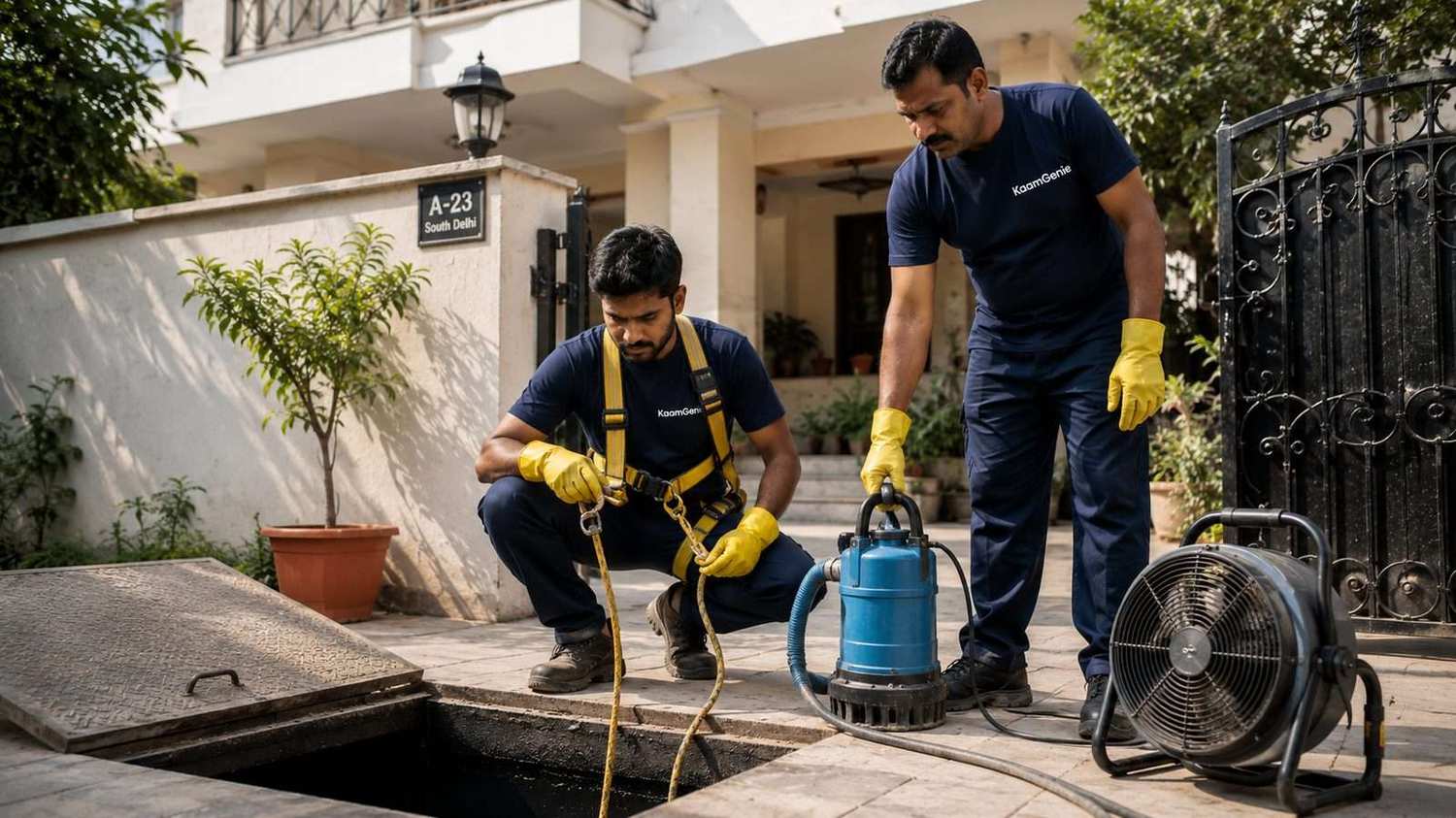 KaamGenie crew working at an open underground sump tank with dewatering pump and safety harness at a Delhi kothi