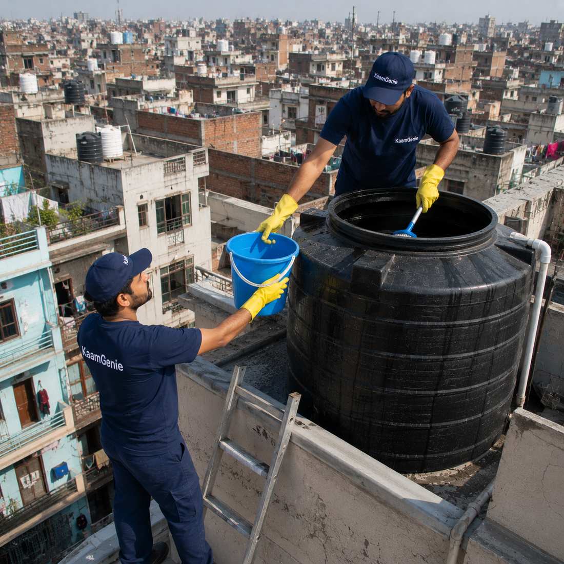 KaamGenie crew cleaning a water tank in Uttam Nagar, West Delhi
