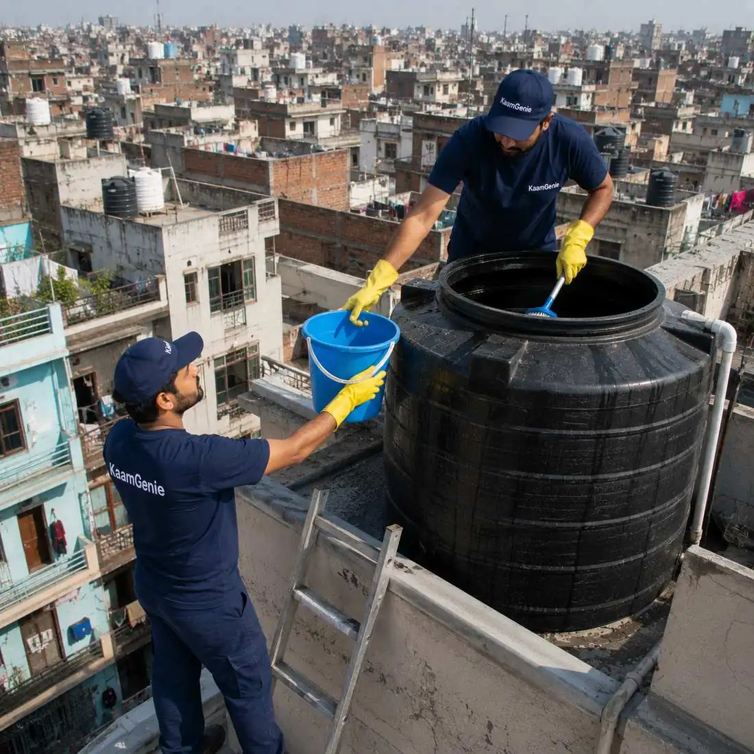 KaamGenie crew cleaning a water tank in Uttam Nagar, West Delhi