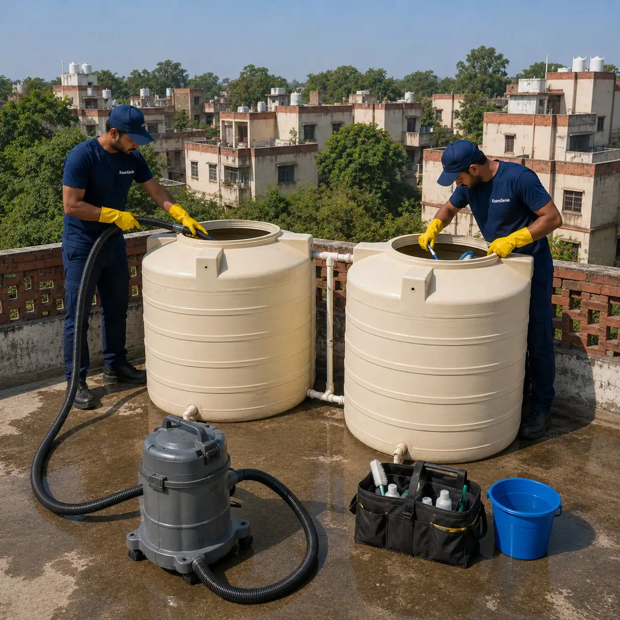 KaamGenie crew cleaning overhead water tanks on a Vasant Kunj Sector B pocket apartment rooftop