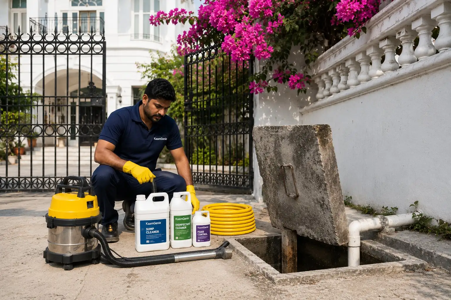 KaamGenie crew with underground sump cleaning equipment in the driveway of a Vasant Vihar D Block bungalow