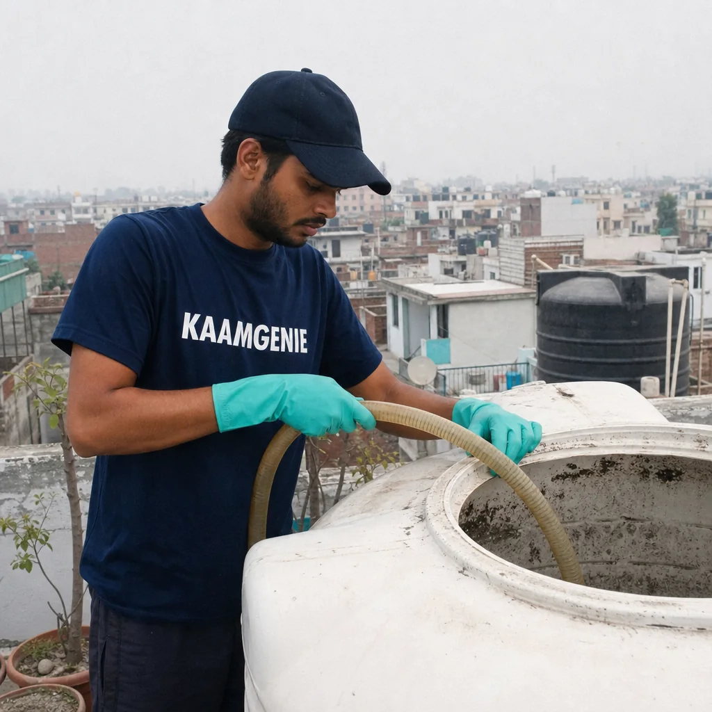 KaamGenie crew cleaning a water tank in Vijay Nagar, Delhi