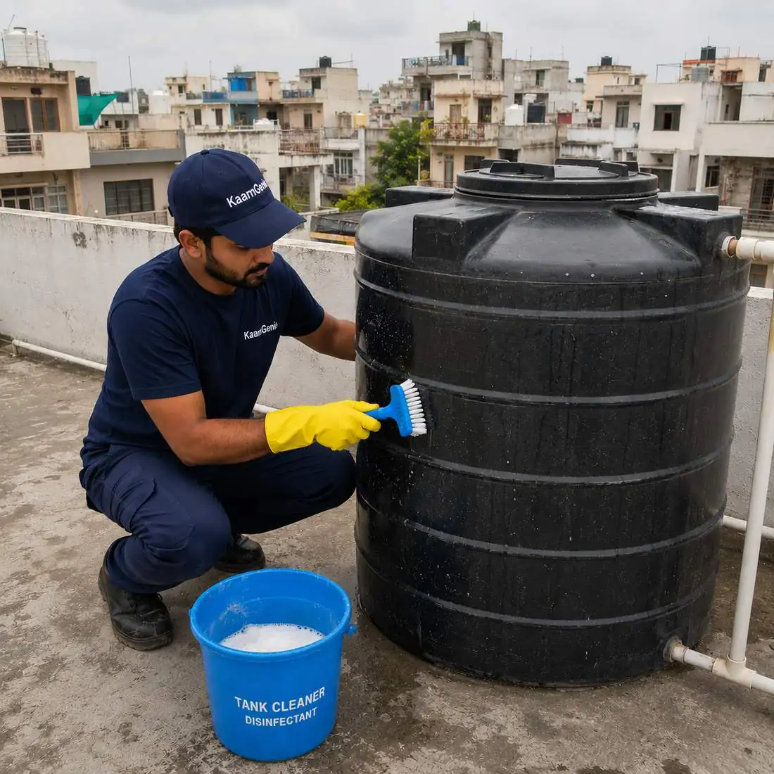 KaamGenie crew cleaning a water tank in Vikaspuri, West Delhi