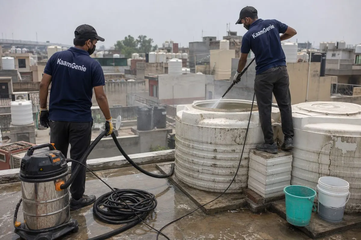 KaamGenie crew cleaning a water tank in Vikram Vihar, Delhi