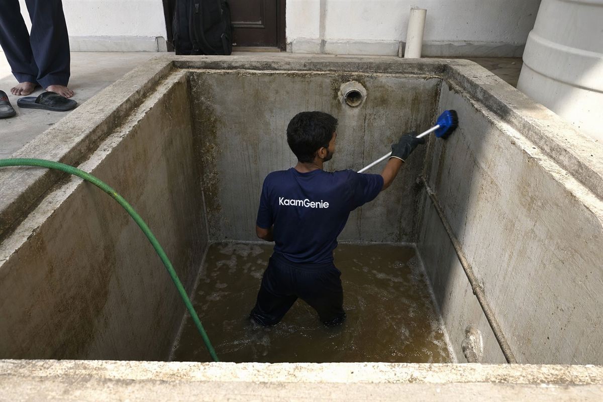 A KaamGenie worker in a navy shirt cleaning a large private underground sump at a South Delhi villa