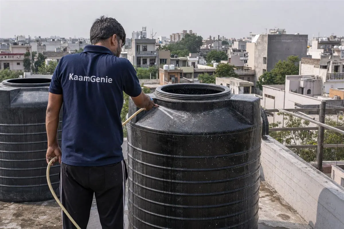 A KaamGenie worker in a navy shirt rinsing a clean villa rooftop tank after disinfection in South Delhi