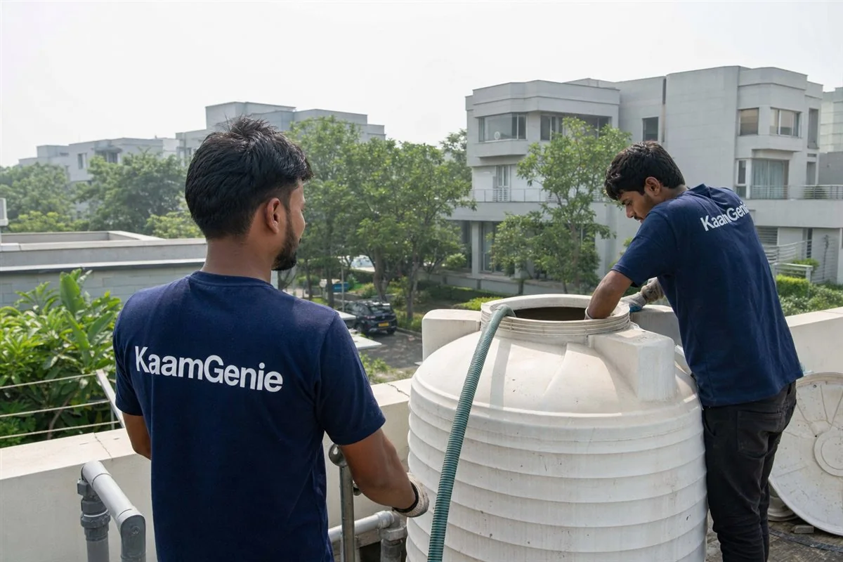 KaamGenie crew in navy shirts cleaning a rooftop water tank on a luxury independent villa in a Gurgaon township like Nirvana Country