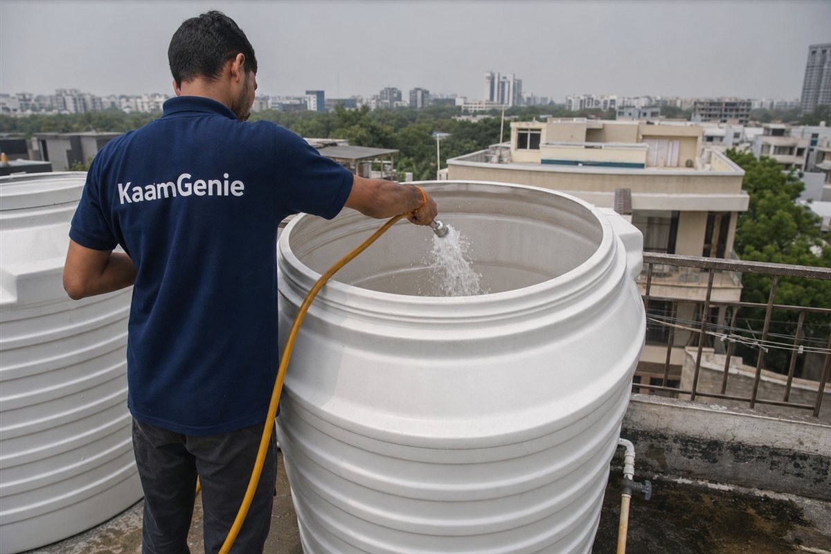 KaamGenie crew member in a navy shirt rinsing a freshly cleaned rooftop water tank on a Gurgaon villa terrace, other township homes visible behind