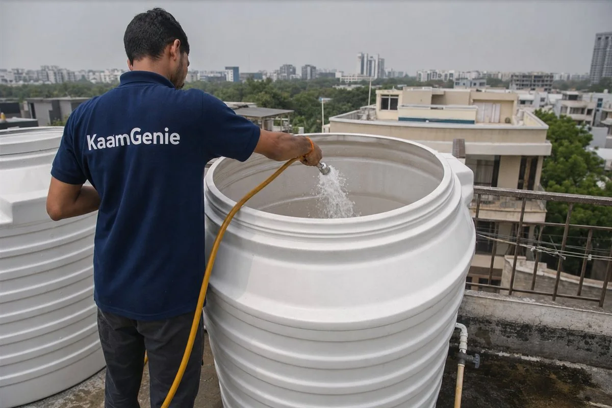 KaamGenie crew member in a navy shirt rinsing a freshly cleaned rooftop water tank on a Gurgaon villa terrace, other township homes visible behind