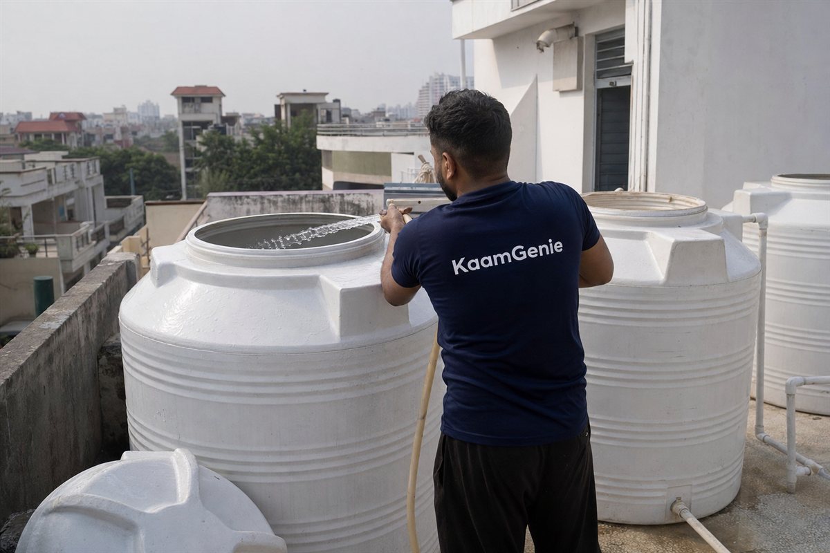 KaamGenie worker in a navy shirt rinsing a clean villa rooftop tank after cleaning in Noida