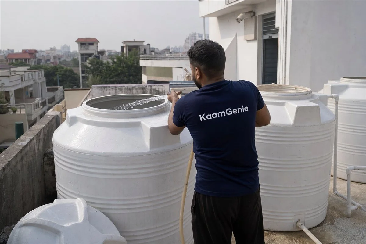 KaamGenie worker in a navy shirt rinsing a clean villa rooftop tank after cleaning in Noida